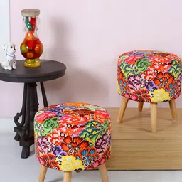 Shadowkart Red & Yellow 2 Pieces Printed Wooden Ottomans-19