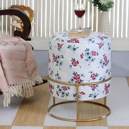 Shadowkart White & Pink Floral Wooden Pouffes Sitting Mudda Ottomans-image-67