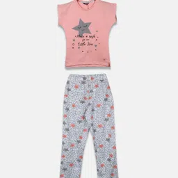 Monte Carlo Girls Peach-Coloured & Grey Melange Printed T-shirt with Pyjamas-image-27