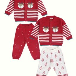 Greendeer Infants Pack Of 4 Self Design Pure Cotton Sweater with Trousers-image-35