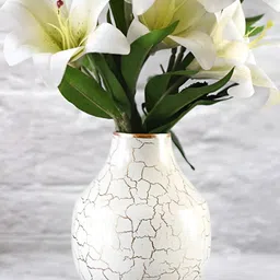 BEHOMA Off White & Gold Toned Crackled Metal Bottle Shaped Flower Vase-0