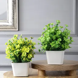 FOLIYAJ Pack of 2 Green & Yellow Artificial Flower and Plant with Pot-2