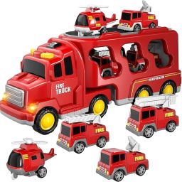 new toy Fire Rescue Transport Truck Set Includes Fire Engines & Helicopter-image-79