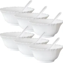 Opalware Soup Bowl Set of 6 Opal Glass Soup Serving Bowl with Spoon Microwave Dishwasher Safe - 300ml-image-29