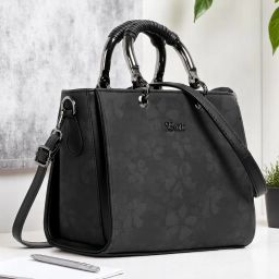 Black Women Tote Beautiful Floral Embossed Signature Handbag-image-63