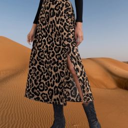 Women Animal Print Flared Black, Beige Skirt-image-45
