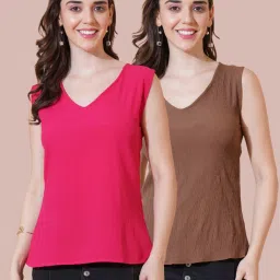 Casual Sleeveless Solid Women Pink, Brown Top-image-96