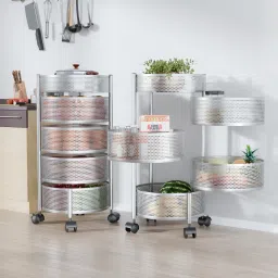 Pack of 2 Kitchen 4+1 Layer Metal Storage Rack with Wheels | Round Shape -Silver Iron Kitchen Trolley-6