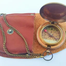 Antique brown finish brass pocket push button lid compass chain with Leather case Compass-36