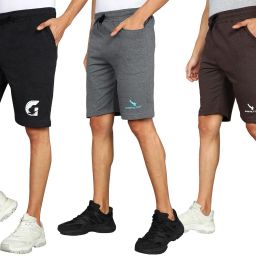 Pack of 3 Self Design Men Dark Grey, Grey, Brown Regular Shorts-image-52