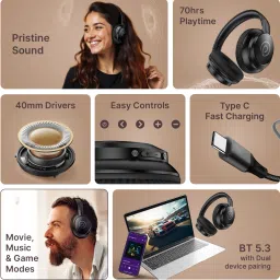 ptron Studio Evo w/ Dual Pairing, 70H Playtime, Pristine Audio,Clear Calls,Fast Charge Bluetooth Headset image 2