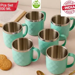Pack of 6 Stainless Steel, Plastic unbreakable Diamond design cup set of 6, 200ML-image-76