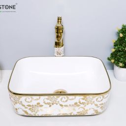 Countertop Designer Vessel Sink - Bathroom Washbasin Vessel Sink - Bathroom Washbasin over counter–16 x 12 x 6 In,White - Gold Flower Counter Top-image-60