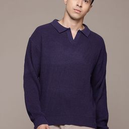 roadster Men Self Design V Neck Blue Sweater-picture-39