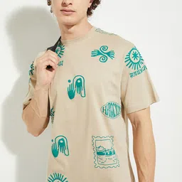 max URB_N Men Printed Round Neck Pure Cotton Beige T-Shirt-picture-2