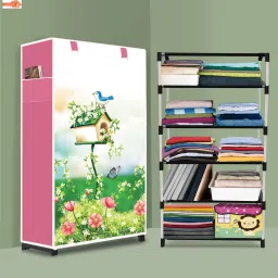 5 Shelf Foldable Collapsible Wardrobe Storage Organizer Almirah Cloth Rack PVC Collapsible Wardrobe-image-91