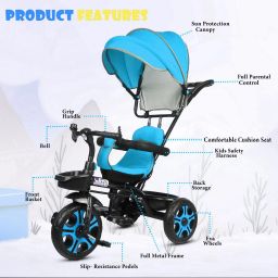 duggi muggi Model Canopy Tricycle with Soft Seat,Front-Back Basket,Parental Push Handle,Bell New Model Canopy Tricycle for Babys with New Colours Tricycle image 3