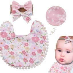Girls Bib Set Flower Print Baby Bib with 2Pcs Bow Hairbands Toddler Washable Bib-image-33