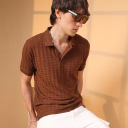 Men Self Design Polo Neck Polycotton Brown T-Shirt-image-1