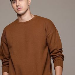 roadster Men Self Design Round Neck Brown Sweater-picture-2
