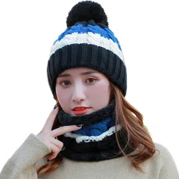 Woolen Beanie Cap with Scarf Set Stretch Warm(Inside Fur) Lining for girls|Women Sports/Regular Cap-picture-15