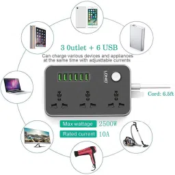 Extremus ™CX-T05-W 6x3 Extension Boards with USB Charging Station 6 Port USB 3 Socket Extension Cord 3 Universal Sockets & 6 USB 3.4A Ports with Indicator USB Charger image 4
