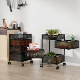 Pack of 2 Kitchen 3+1 Layer Metal Storage Rack with Wheels | Square Shape -Black Iron Kitchen Trolley-76