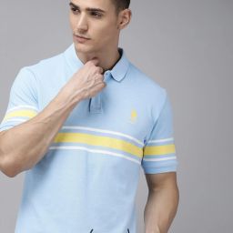 Men Striped Polo Neck Pure Cotton Blue T-Shirt-image-85