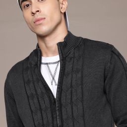 Men Self Design Mandarin Neck Black Sweater-image-14