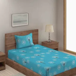 hosta homes Blue Floral 280 TC Cotton Blend Single Bed Sized Bed Sheets With 1 Pillow Cover-picture-25
