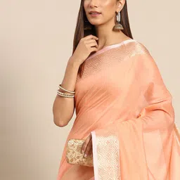 Anouk Peach-Coloured & Gold-Toned Linen Blend Banarasi Saree-29