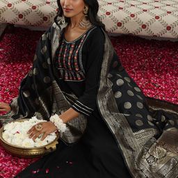 Libas Black and Silver Floral Yoke Design Thread Work Kurta with Trouser & Dupatta-20