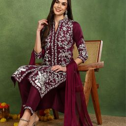 KALINI Floral Embroidered Thread Work Straight Kurta with Trousers & Dupatta-image-40