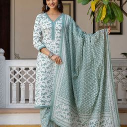 EthniFlair Women Floral Printed Regular Mirror Work Kurta with Trousers & With Dupatta-5
