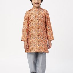 LIL DRAMA Boys Ethnic Motifs Printed Band Collar Straight Kurta with Trousers-20