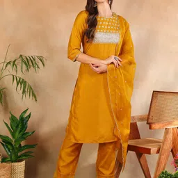 KALINI Ethnic Motifs Yoke Design Regular Sequinned Kurta with Trousers & Dupatta image 1