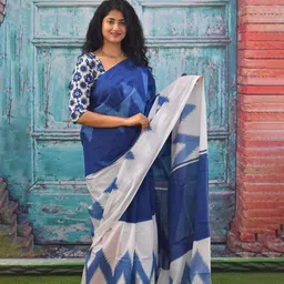 clothonus Geometric Block Printed Mulmul Cotton Saree image 1