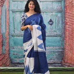 clothonus Geometric Block Printed Mulmul Cotton Saree image 2