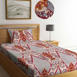 Arrabi Grey & Maroon Ethnic Motifs 300 TC Fitted Single Bedsheet with 1 Pillow Covers-55
