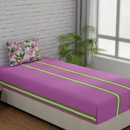 Huesland Comfort Pink & Green Striped 144 TC Cotton Single Bedsheet With 1 Pillow Cover-image-63