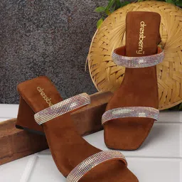 DressBerry Tan Brown Embellished Block Heels-52