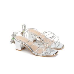 DressBerry Silver-Toned Textured Open Toe Block Heels image 3