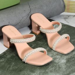 DressBerry Peach-Coloured Embellished Open Toe Block Heels-6