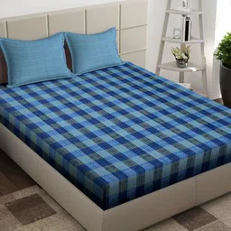 Arrabi Blue Geometric Cotton 300 TC King Bedsheet With 2 Pillow Covers-image-50