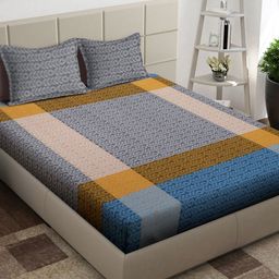Arrabi Blue & Yellow Floral 300 TC King Bedsheet with 2 Pillow Covers-picture-13
