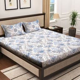KLOTTHE White & Blue Printed 300 TC  Double Bedsheet With 2 Pillow Covers-image-71
