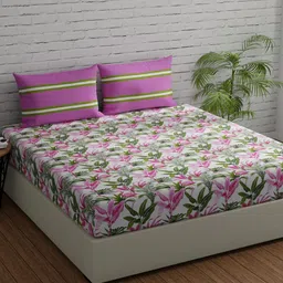 Huesland Comfort Pink & White Floral 144 TC Cotton Queen Bedsheet With 2 Pillow Covers-27