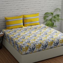 Huesland Comfort Yellow & White Printed 144 TC Cotton Queen Bedsheet & 2 Pillow Covers-image-89