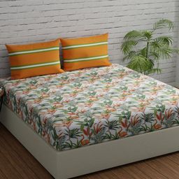 Huesland Comfort White & Green Printed 144 TC Cotton Queen Bedsheet & 2 Pillow Covers-image-73