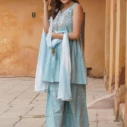 KALINI Geometric Printed Regular Gotta Patti Kurta & Sharara With Dupatta image 4